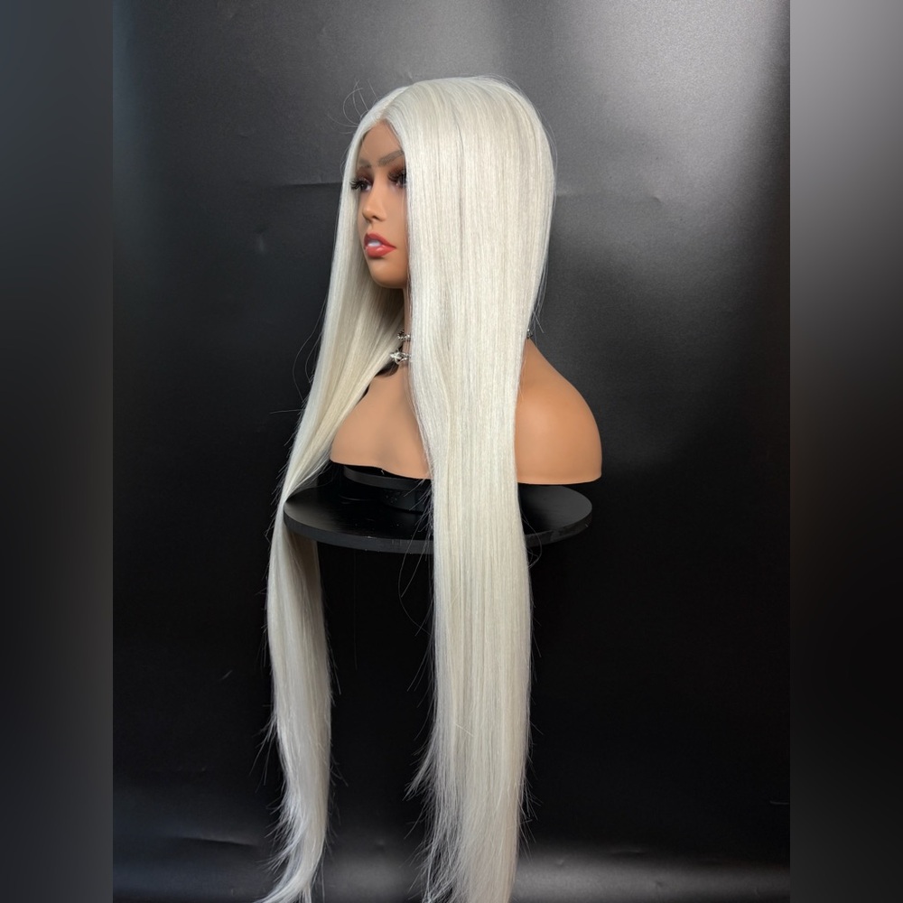 Sleek White Long Straight Wig 32 inches long lace front middle part